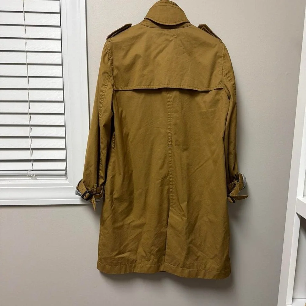 J Crew Trench Coat Women's Size 12 Mustard Yellow Double Breasted Striped Lining
